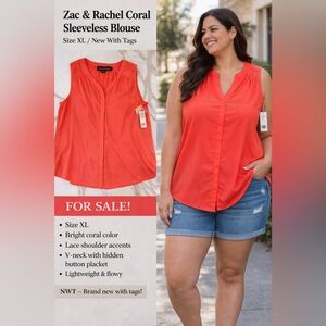 Zac & Rachel NWOT button-front v-neck coral sleeveless blouse - never worn‎ XL